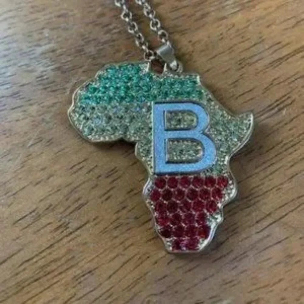 Initial B- tri colored rhinestone Africa pendant (mens listing)